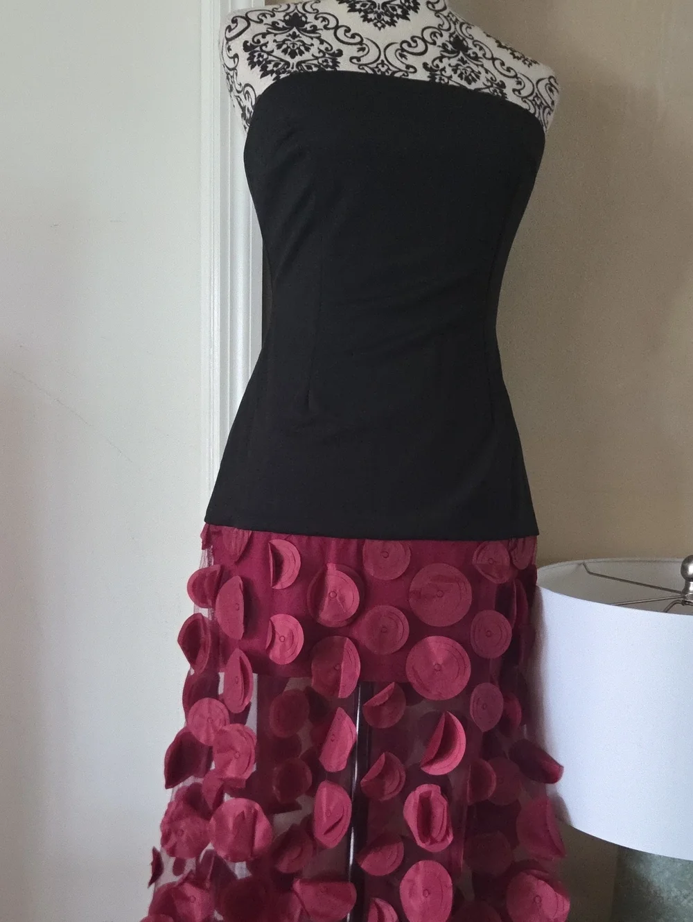 Women's Burgundy Petal-Detail Maxi Strapless Maxi Dress